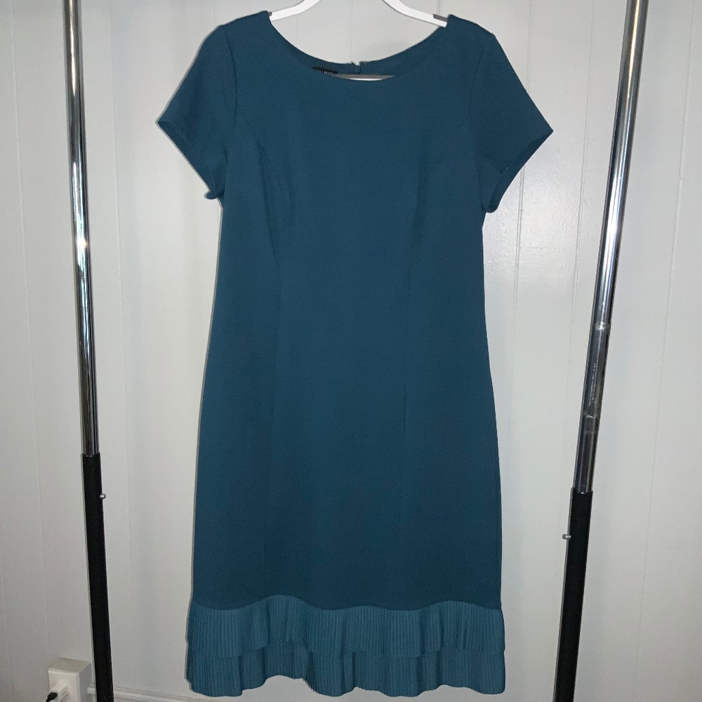 Talbots teal double pleated hem midi dress Sz 12 short sleeve ponte knit New